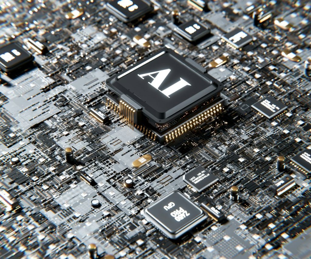 3D render of a grey computer processor chip marked with the letter A, representing AI hardware