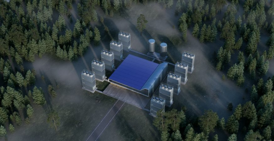 Aerial view of a direct air capture facility site surrounded by forest in Alberta