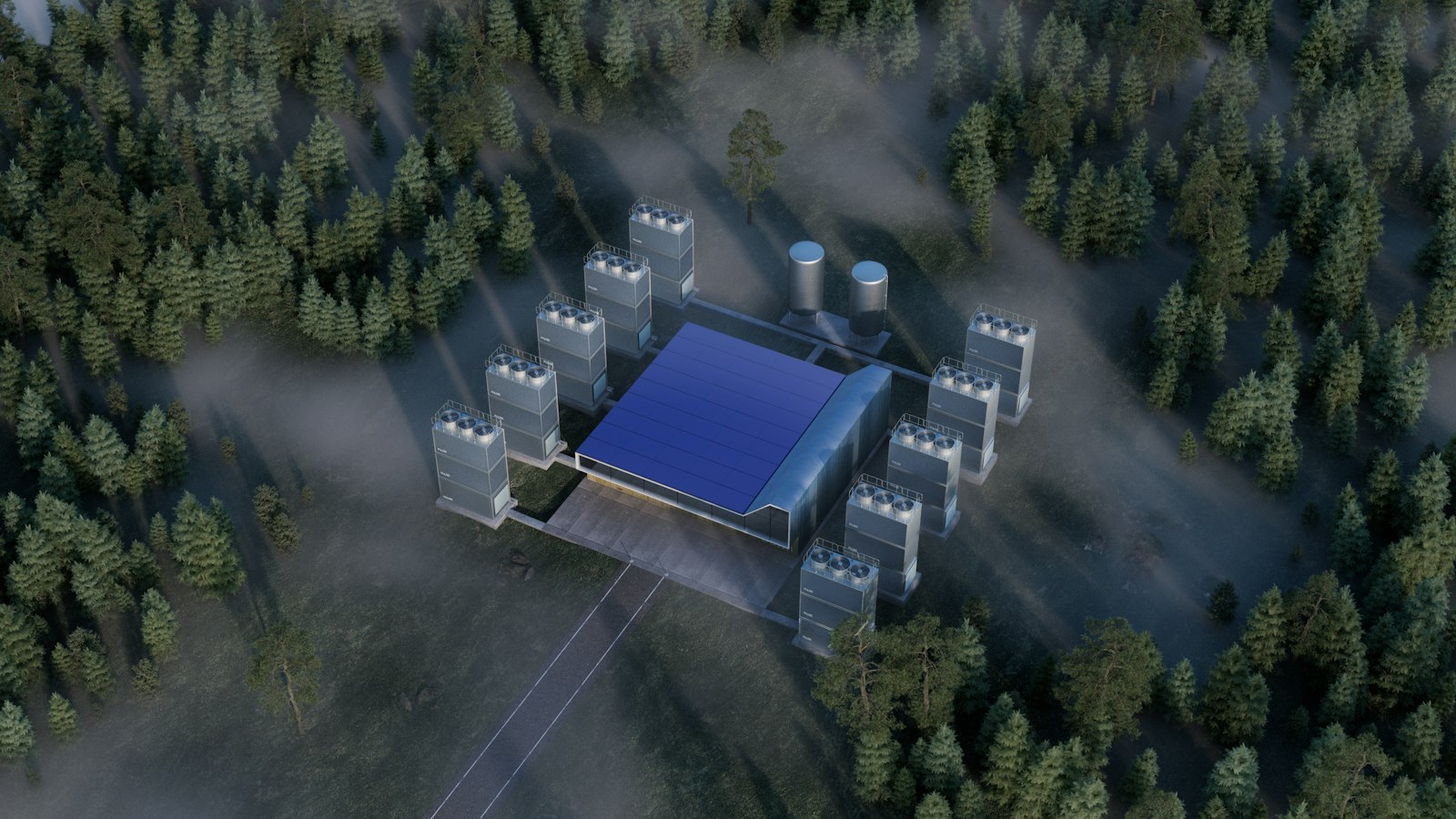 Aerial view of a direct air capture facility site surrounded by forest in Alberta