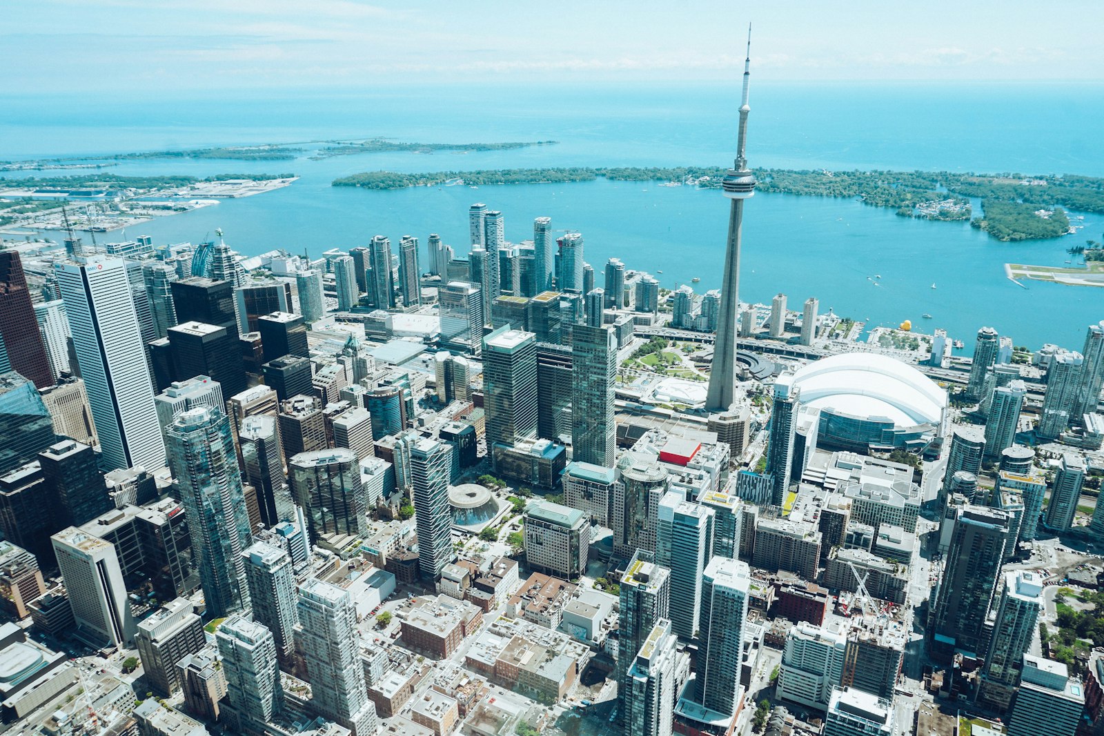 Aerial view of downtown Toronto's financial district and the CN Tower by the waterfront