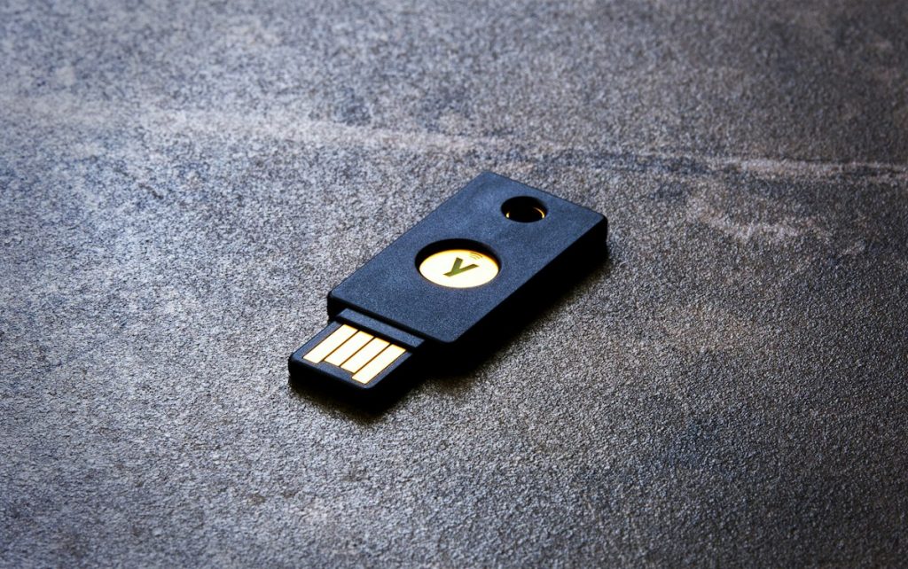Close-up of a USB-A hardware security key used for FIDO authentication