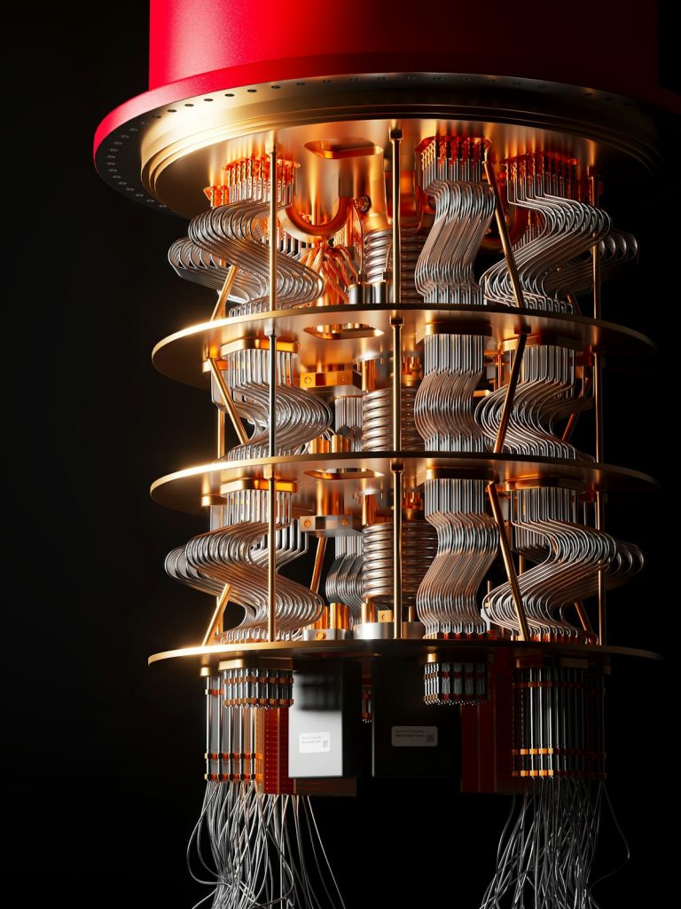 3D rendering of a chandelier-style superconducting quantum computer with gold plates and silver wiring on a black background
