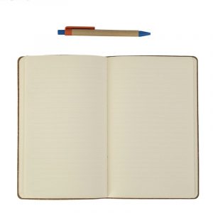 Open blank notebook with a pencil on a white background