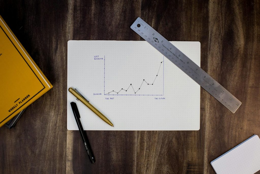 Hand-drawn line graph on paper next to a metal ruler and two pens